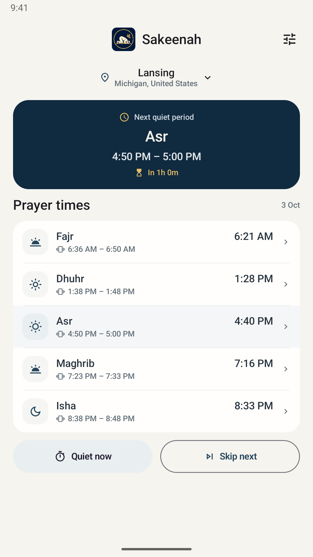 Sakeenah on Android, showing the daily prayers and the next quiet period.